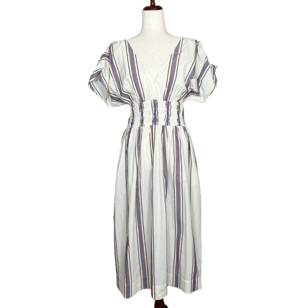 LOFT Beach Women’s Size S Ivory Blue Striped Smocked V-Neck Midi Dress Pockets - Picture 2 of 15
